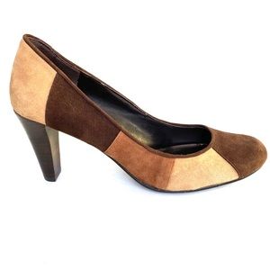 Bandolino brown tan and cream block suede heels